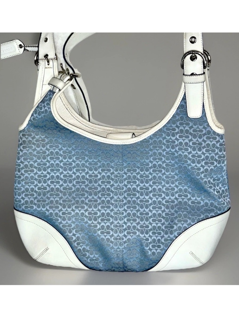 Coach Signature Logo Shoulder Purse Blue W/White Trim Silver Hardware J3K-6800 - Picture 3 of 13
